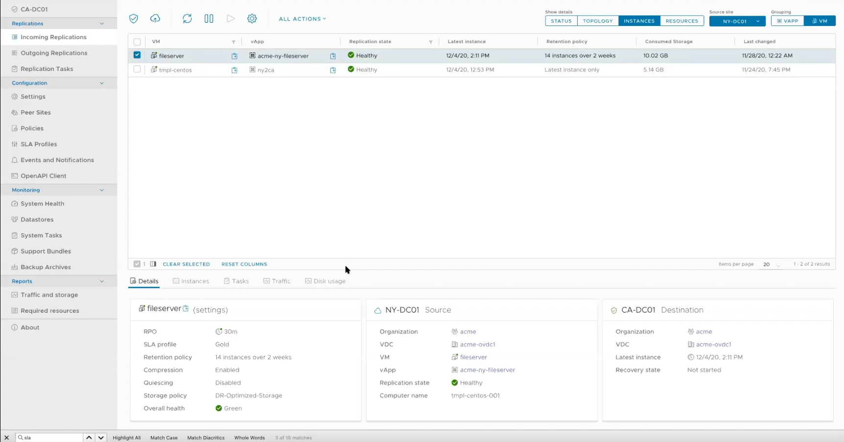 screenshot of VMware Cloud Director Availability